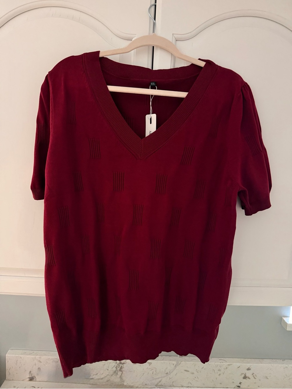 V-Neck Short Sleeve Knit Top in Wine